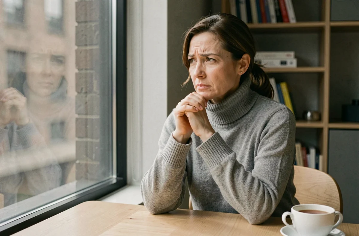 Femme pensive seule dans un appartement, symbolisant les relations toxiques et la manipulation émotionnelle