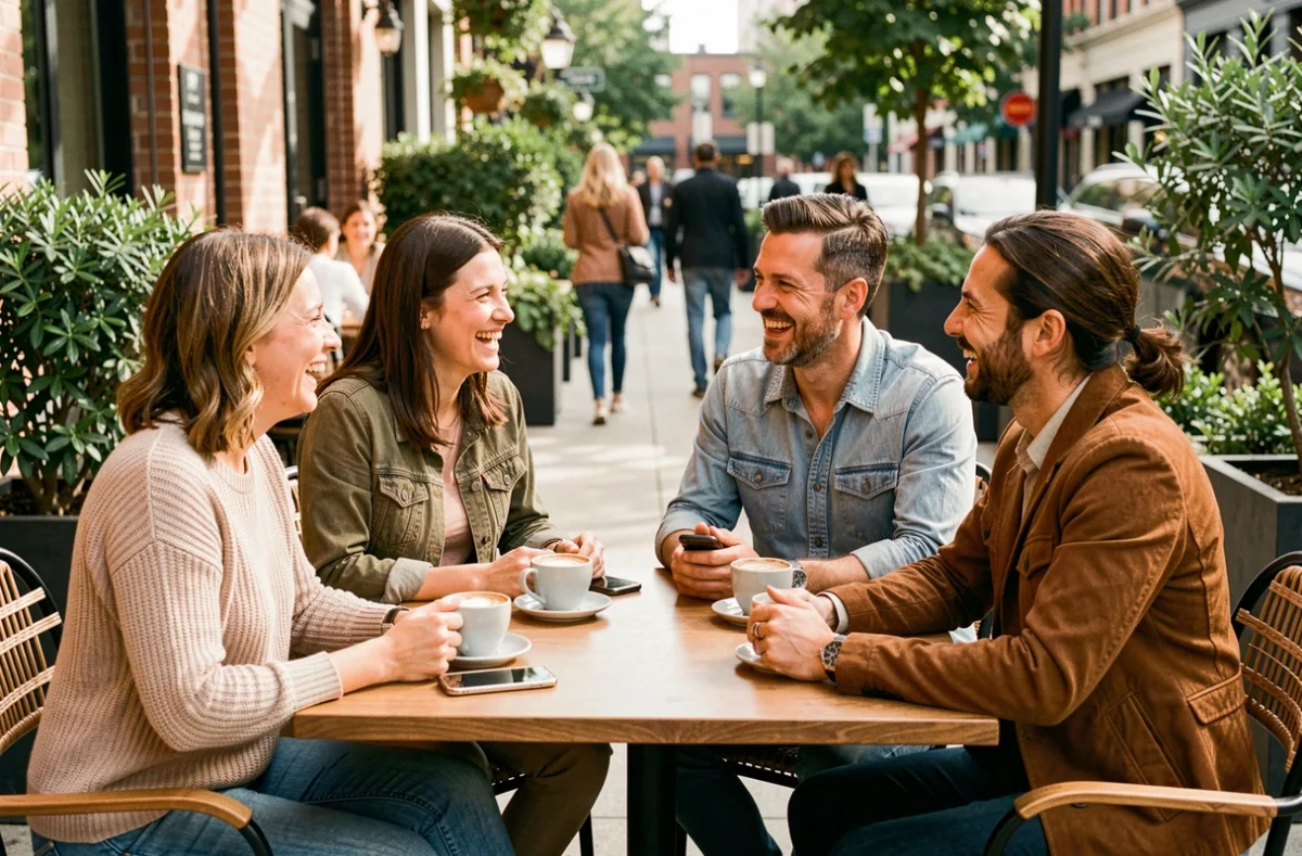 Groupe d'amis divers réunis en terrasse de café, symbolisant un réseau social solide et diversifié face à la manipulation