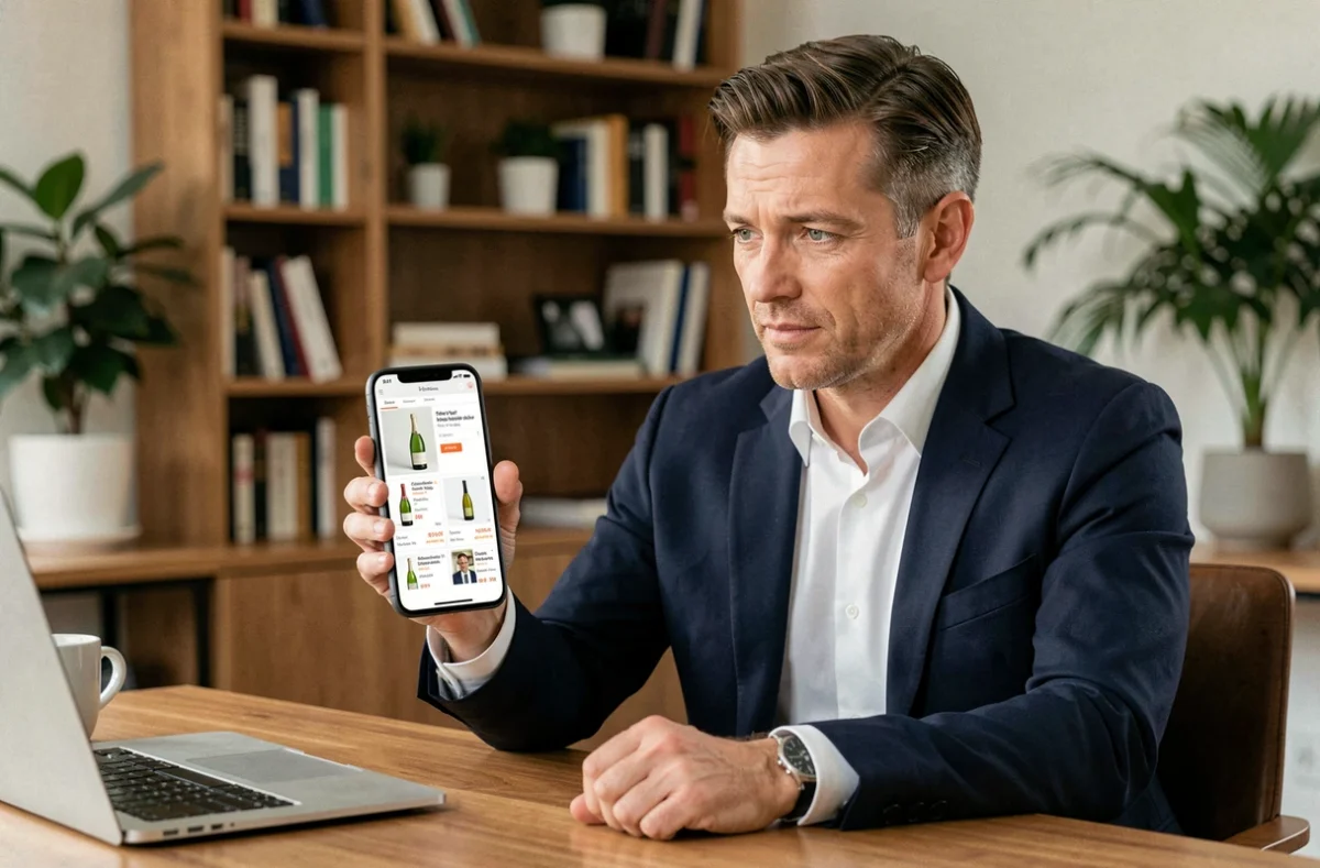 Homme utilisant une application mobile pour acheter et revendre des champagnes de collection en ligne en toute sécurité