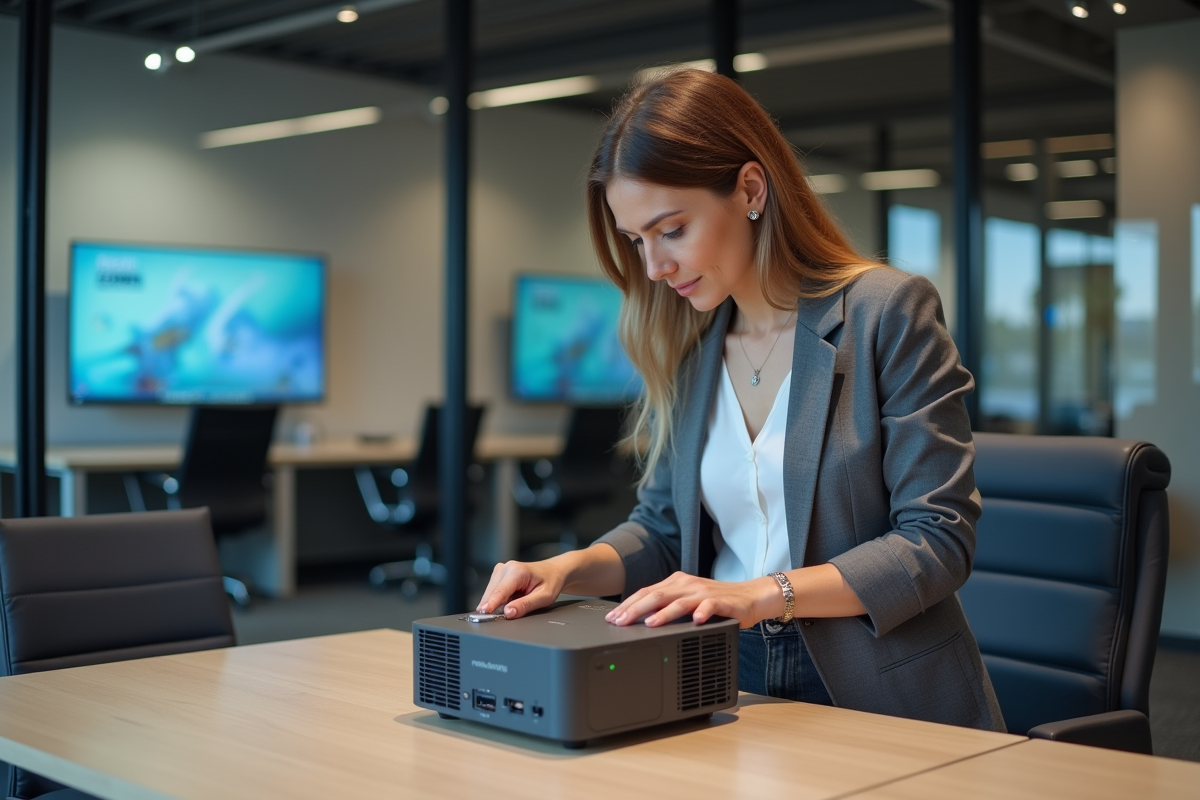 Femme critique examine un projecteur 4K dans une salle de réunion