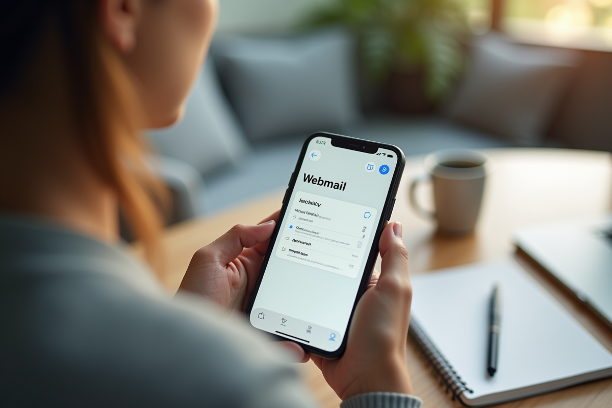 Smartphone affichant la messagerie web sur une table de café