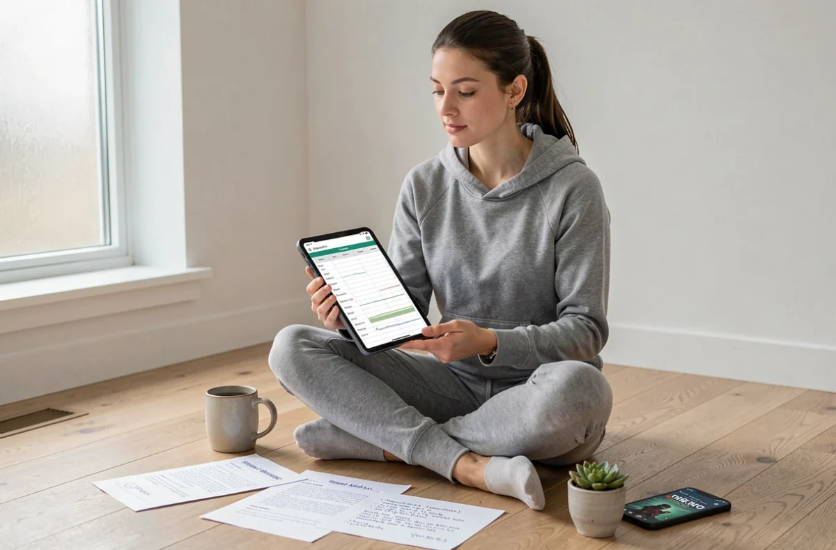 Joueuse planifiant sa stratégie Code Ninja Time avec tablette et notes pour cumuler un maximum de récompenses