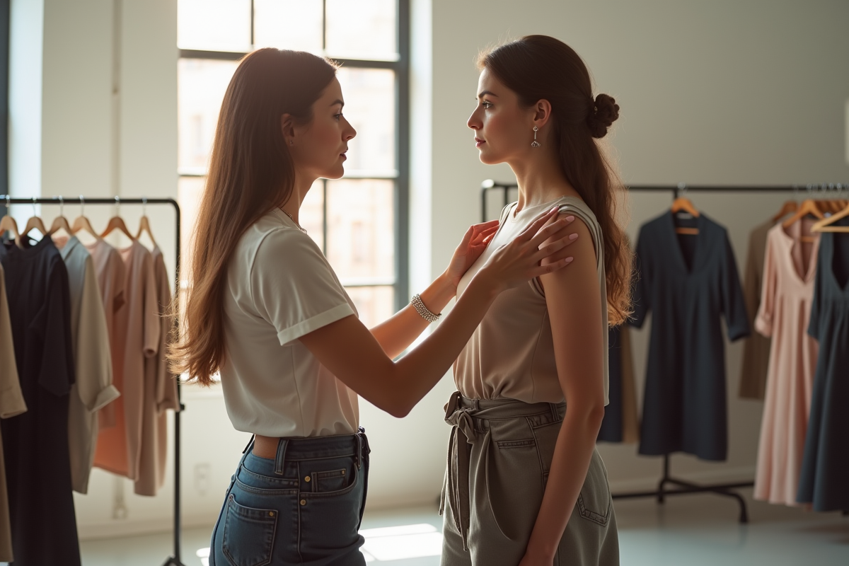 Styliste ajustant une tenue sur un mannequin dans un studio lumineux