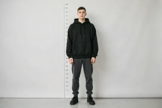 Photo plein pied d'un jeune rappeur français mesuré de face en studio blanc, comparaison de taille visuelle