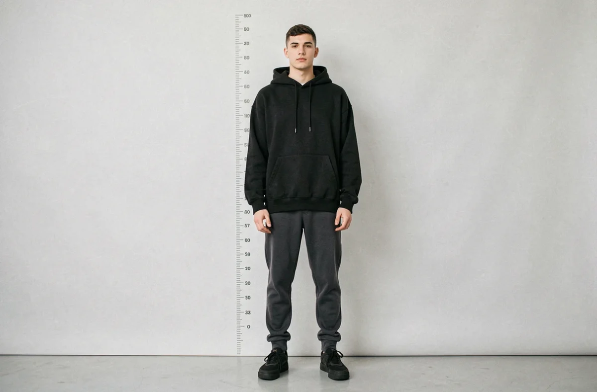Photo plein pied d'un jeune rappeur français mesuré de face en studio blanc, comparaison de taille visuelle