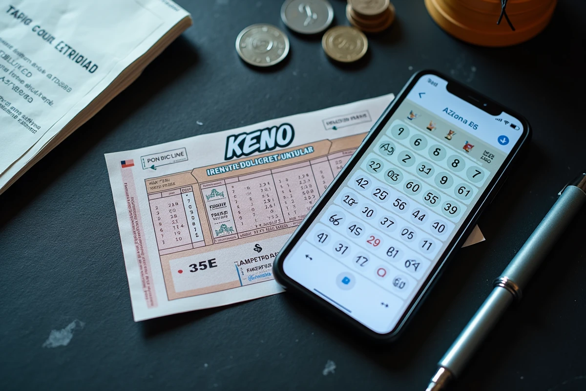 Vue aérienne d'un ticket Keno FDJ avec résultats affichés sur smartphone
