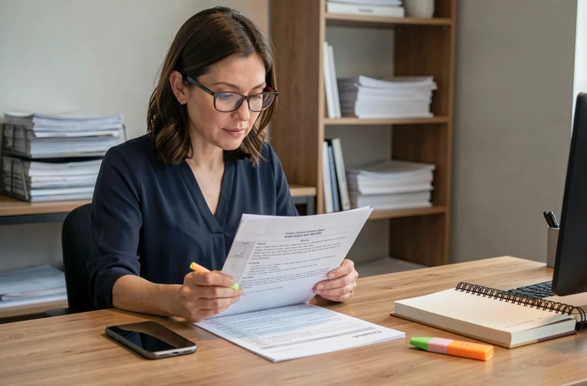 Femme relisant des échanges écrits imprimés pour garder une trace de communications avec un manipulateur