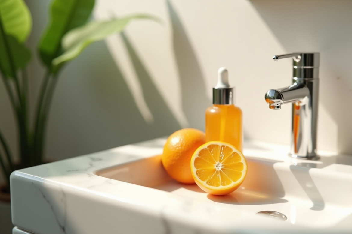 Tranche d'orange fraîche avec serum vitamine C sur lavabo blanc