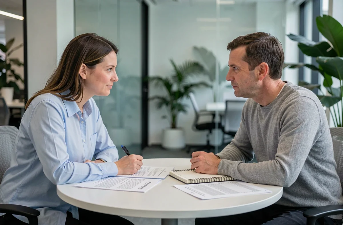 Deux adultes en communication transparente et ouverte autour d'une table, symbolisant la clarté dans les échanges relationnels