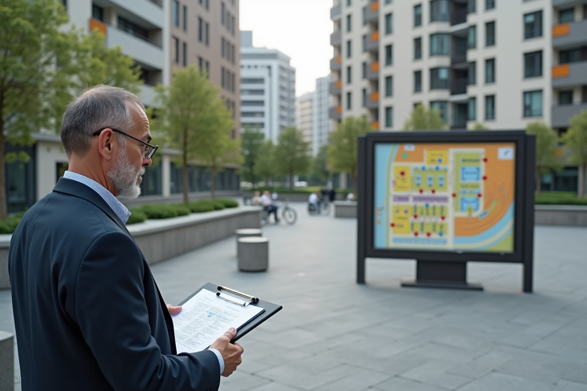 Urbaniste regardant une carte de quartier dans une place moderne