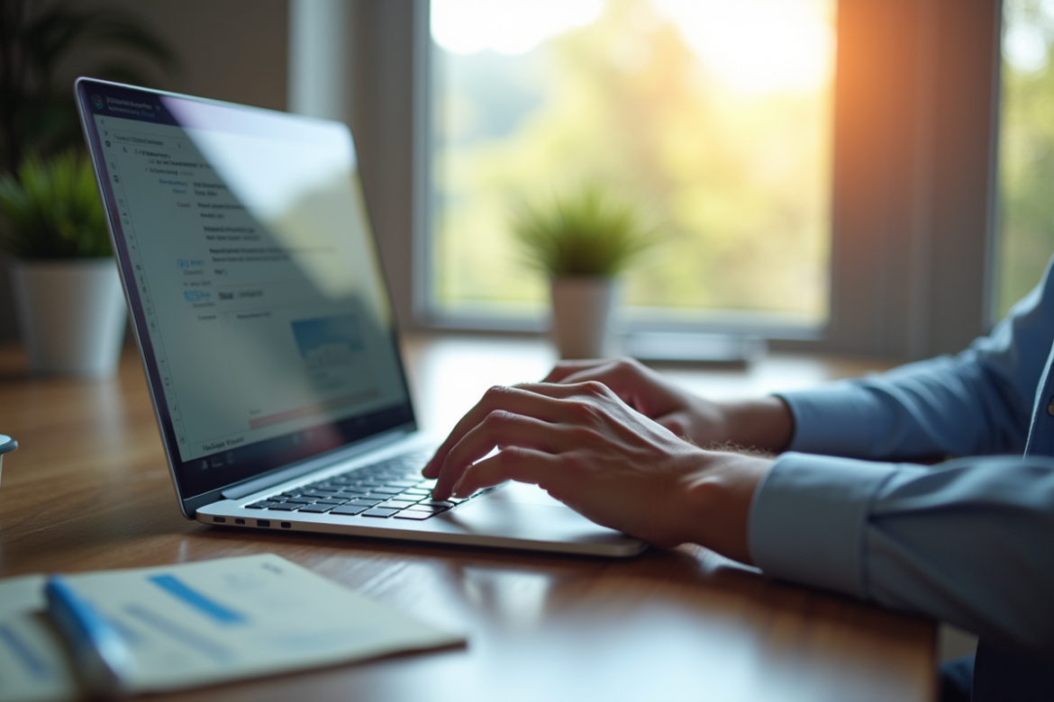 Personne utilisant un ordinateur portable lumineux dans un bureau