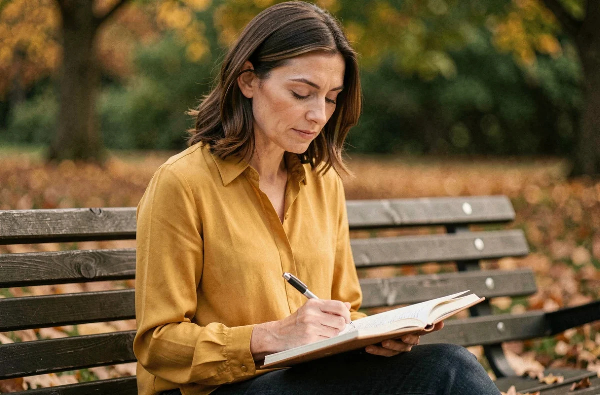 Femme écrivant dans son journal intime dans un parc, symbolisant la validation intérieure et l'ancrage en soi