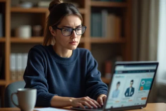 Femme vérifiant la sécurité d'une annonce sur une marketplace en ligne depuis son bureau à domicile