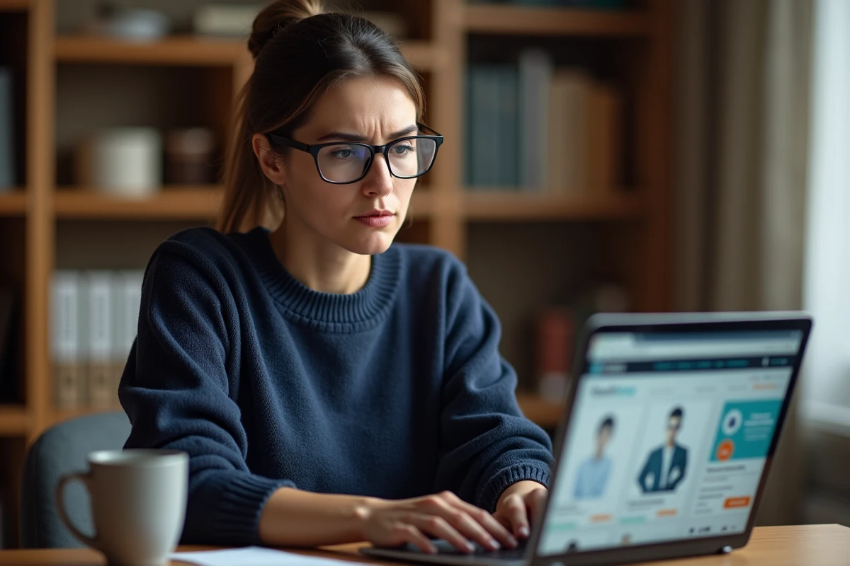 Femme vérifiant la sécurité d'une annonce sur une marketplace en ligne depuis son bureau à domicile