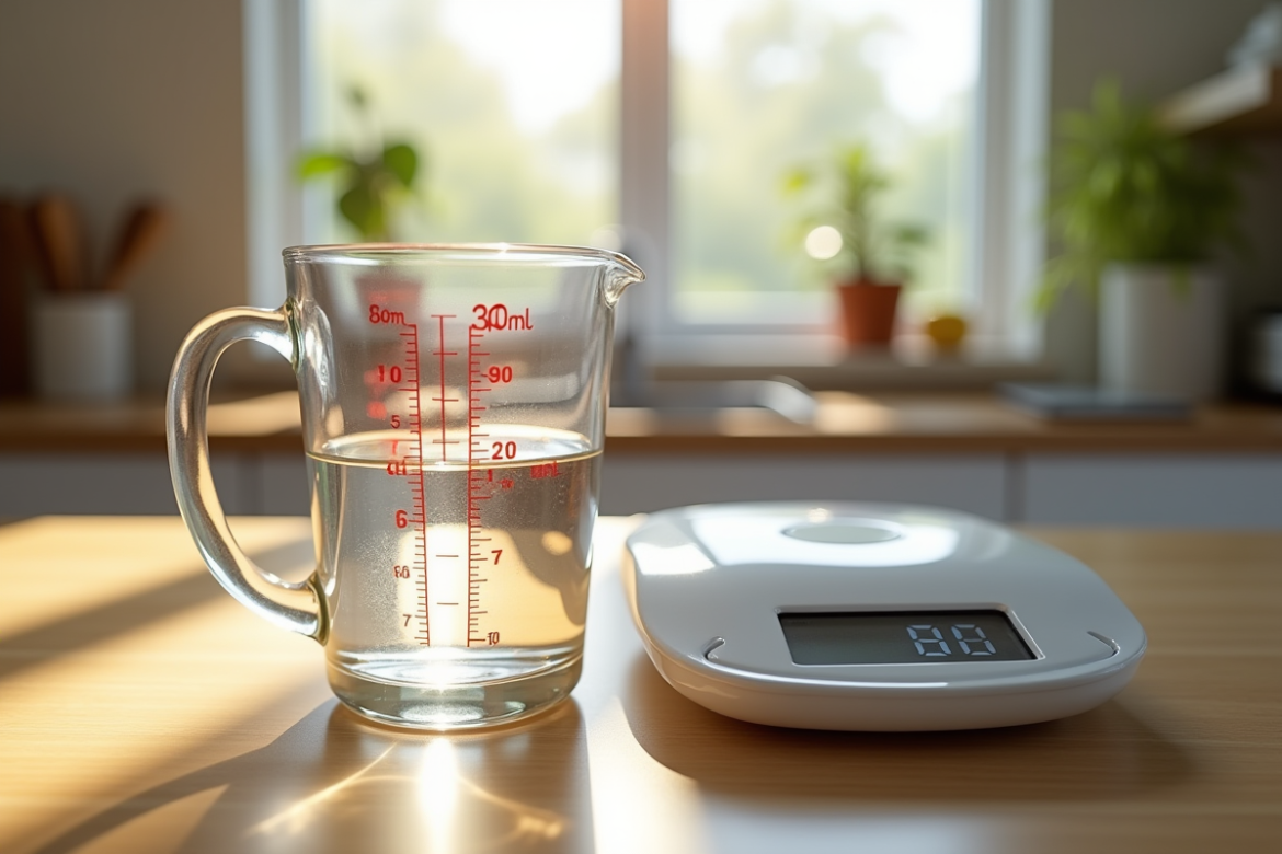 Verre mesureur rempli d'eau près d'une balance de cuisine
