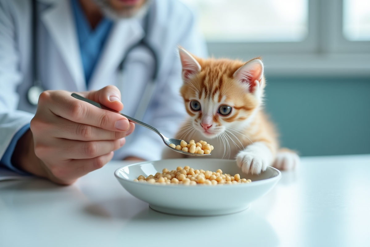 Vétérinaire donnant à manger à un chaton sur une table d